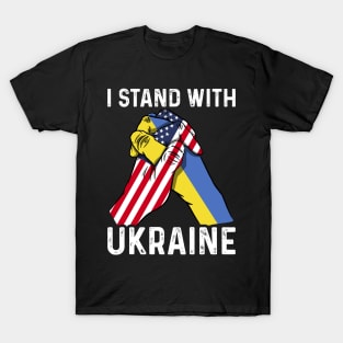 I Stand With Ukraine USA and Ukraine Flags Holding Hands T-Shirt